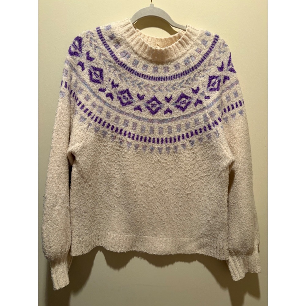 78&Sunny Womens Cream Purple Fair Isle Knit Crewneck Sweater Size Medium